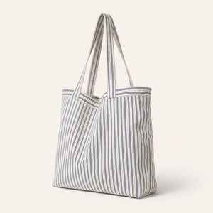 Sac de courses en tissu de coton rayé, grande taille, avec poignée épaule, pour les courses - Product Image 3