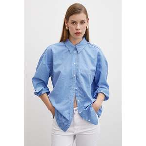 Camisa de Botones con Rayas Azules, Blusa Informal de Popelina para Mujer, Estilo Diario, Diseño Sencillo - Product Image 1