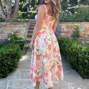 Alta calidad vacaciones playa Floral estampado Halter una línea Bustier elegante Halter cintura ajustada <span class=keywords><strong>vestido</strong></span> Floral <span class=keywords><strong>vestido</strong></span> <span class=keywords><strong>Midi</strong></span> de mujer - Product Image 4
