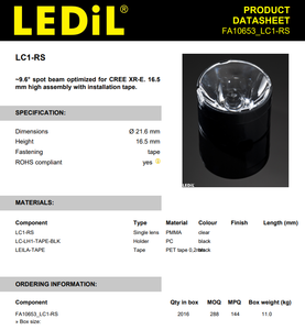 Ledils FA10653_LC1-RS LEILA Lentille de focalisation à 6 degrés 21,6 mm de diamètre 16,5 mm de hauteur Optique LED en PMMA avec ruban adhésif - Product Image 3