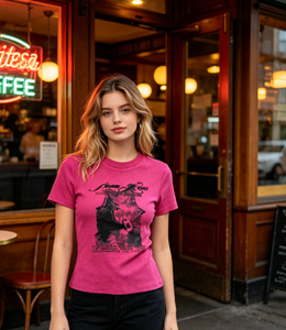 T-Shirt Vintage Y2K <span class=keywords><strong>Fucsia</strong></span> con Stampa Effetto Vissuto, Manica Corta, Vestibilità Regolare, Logo con Lettere, Abbigliamento Casual Estivo da <span class=keywords><strong>Donna</strong></span> - Product Image 1