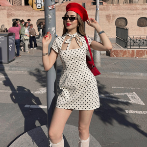 polka dot <b>print</b> tie bow slim fit short sleeve <b>mini</b> dress y2k hot girl sexy elegant new dress - Product Image 1