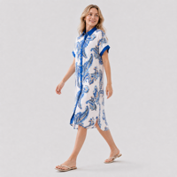 Robe chemise midi bleue à imprimé cachemire pour femme, manches courtes, col boutonné, vente en gros, marque privée, usine OEM ODM
