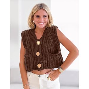 FOXA Women's Sleeveless Knit Vest Short Crop Button Front <b>Cardigan</b> <b>Sweater</b> Outer Wear 100% Acrylic Worsted Fabric - Product Image 3
