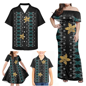 Conjunto Familiar <span class=keywords><strong>de</strong></span> Cuatro Piezas con Estampado <span class=keywords><strong>de</strong></span> Totem Polinesio, Vestido Largo para Mujer, Camisas Casuales para <span class=keywords><strong>Padre</strong></span> e <span class=keywords><strong>Hijo</strong></span>, Vestido para Niña, Tallas Grandes, Personalizado, Venta Caliente - Product Image 2