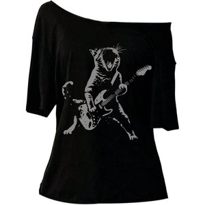 FOXA Women's Off Shoulder <b>Gothic</b> Graphic Tee Short Sleeve Asymmetrical Oversized Y2K T <b>Shirt</b> - Product Image 1
