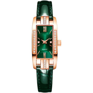 Reloj de Cuarzo Cuadrado de Lujo para Mujer, Color Oro Rosa, con Esfera de Cristal y Correa de Cuero Verde - Regalo Elegante para Damas - Product Image 1