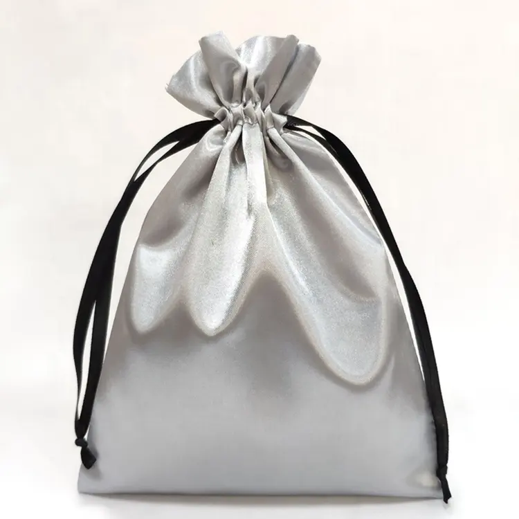 Aangepaste Hoge Kwaliteit Trekkoord Grijs Satijn Tas Voor Verpakking Sieraden Zilveren Satijnen Koord Zakje