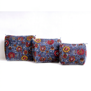 Handprinted Quilted Velvet Toiletry Pouch Set (3-Piece) Floral Vintage Travel & Bathroom Organizer Jewelry Portable - Product Image 1