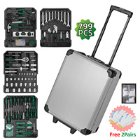 Juego de 799 Herramientas Mecánicas Manuales con Caja de Almacenamiento de Aluminio con Ruedas