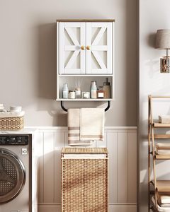Armoire murale de style campagnard en noyer blanc, armoire suspendue multifonctionnelle avec porte-serviettes pour la décoration intérieure de la maison - Product Image 2