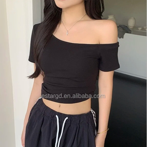2025 verano nueva <span class=keywords><strong>camiseta</strong></span> umbilical corta Pure Desire hombro oblicuo <span class=keywords><strong>camiseta</strong></span> de mujer desnuda - Product Image 4