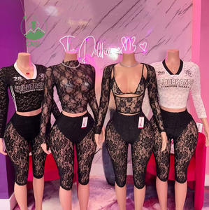 网眼女式春夏服装2件套性感透视裁剪上衣和自行车短裤两件套时尚套装 - Product Image 1