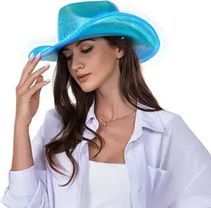 Pronto Stock Light Up Sparkly Glitter Space Cowboy Hat Holographic Space Cowboy Cowgirl Hat