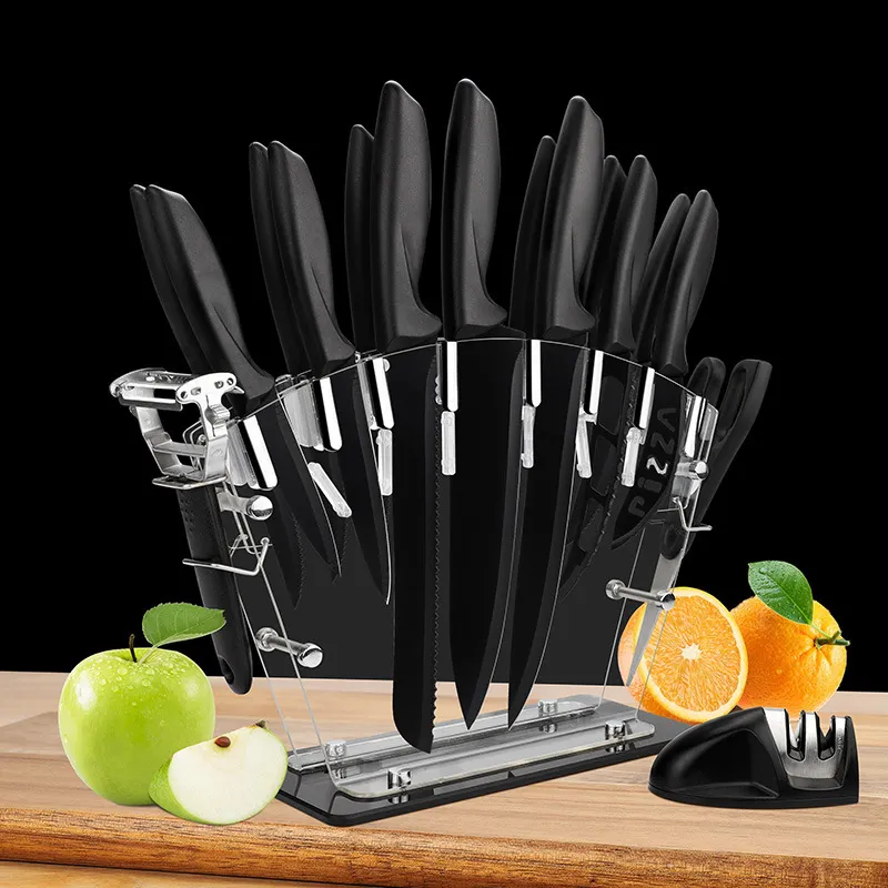 Super scharfes schwarzes Küchenmesser-Set mit Block vielseitiges Küchenmesser-Set mit Schärfer und Schäler Edelstahlmesser