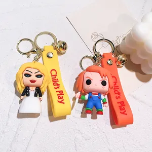 Gantungan kunci PVC lembut 3D lucu seri horor Halloween Chucky dan ibu wanita karakter mainan silikon hadiah anak-anak LC192