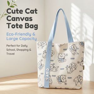 Bolsa de Mano de Lona con Estampado de Gato, Tamaño Mediano, Asa Larga, Diseño de Gatito de Dibujos Animados, Ecológica, Gran Capacidad, Reutilizable - Product Image 1