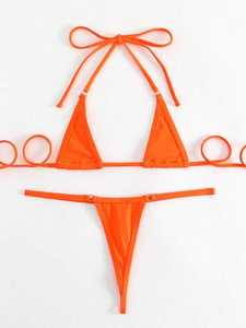 Ensemble de bikini pour femmes <span class=keywords><strong>en</strong></span> couleur unie pour l'été, avec col halter et <span class=keywords><strong>la</strong></span>çage au dos, et <span class=keywords><strong>string</strong></span> - Product Image 3