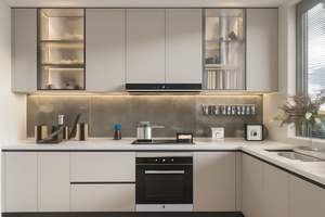 Ensemble de meubles de cuisine contemporains sur mesure SANTOPOVA, finition laquée mate avec unités de présentation en verre, évier en panneau de mélamine - Product Image 6