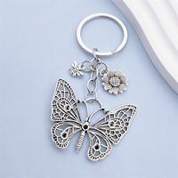 Porte-clés vintage en argent antique avec breloques papillon, tournesol et abeille, bijou fantaisie, cadeau pour femmes et filles