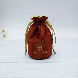 Custom logo bags double layer pouch personalized satin wine bag round bottom drawstring pouch