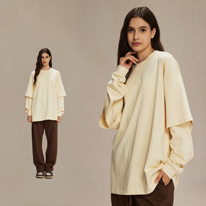 Nueva Colección de <span class=keywords><strong>Ropa</strong></span> Masculina de <span class=keywords><strong>Marca</strong></span> de Moda Otoñal, Camiseta Básica de Punto 100% Algodón, Diseño Sólido, Holgada, Informal, de Dos Piezas - Product Image 5