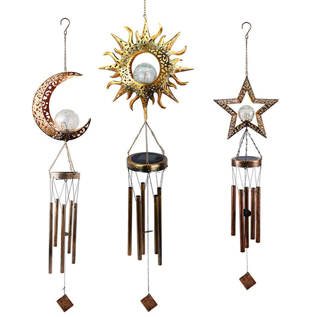 Outdoor Waterproof Metal Hollow Led Sun Moon Star Pendant Solar Wind Bell Light for Garden,courtyard,corridor