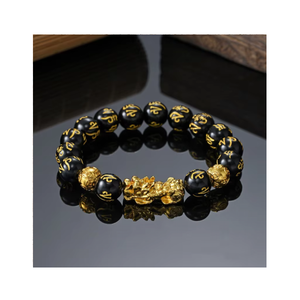 Braccialetto cinese Feng Shui Pi Xiu ossidiana braccialetto d'oro ricchezza e buona fortuna Pulsera braccialetto di perline di cristallo di ossidiana per uomo