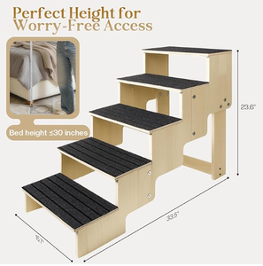 5-Stufige Holz-Hundetreppe fürs Bett, Rutschfeste Hundetreppe mit Teppichauflagen, 23,6 Zoll Hunderampe für Hunde zum Bettaufstieg, Haustiertreppe - Product Image 1