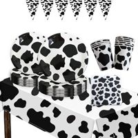 Ensemble de vaisselle jetable pour fête à motif vache noir et blanc : Assiettes en carton, gobelets, serviettes, nappe, bannière, pailles, couverts, sacs cadeaux