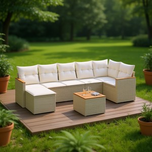 Conjunto de Sofá de Jardín de Ratán Beige con Cojines de Espuma de Alta Densidad, Muebles de Exterior de Diseño Contemporáneo, Resistentes al Agua y a los Rayos UV - Product Image 2