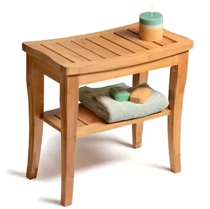 Banco de banho e tapete de bambu, cadeira e tapete de banheiro resistente à água e de secagem rápida, assento de banheiro com altura ajustável e prateleira