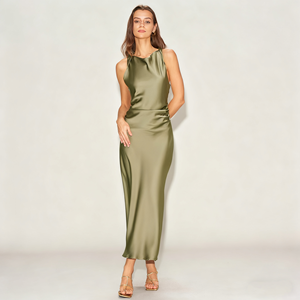 שמלת ערב סאטן ללא שרוולים, צווארון גבוה, מקסי משי מקומט, שמלת ערב אלגנטית, לבוש רשמי, שמלת שושבינה, ייצור בהתאמה אישית OEM ODM - Product Image 1