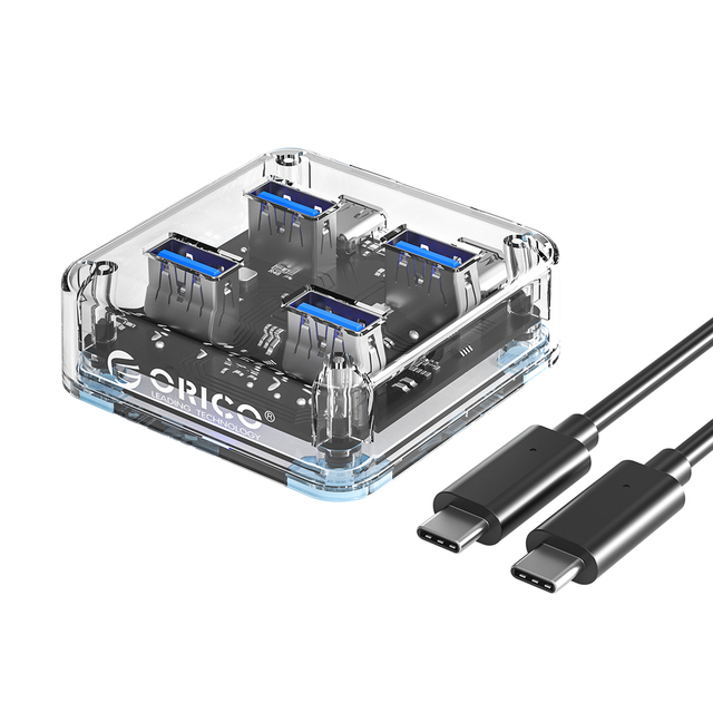 ORICO Transparent USB C Hub 4 Port Expansion USB 3.2 High Speed Transmission OTG Adapter Multiport USB Hub for Laptop Desktop