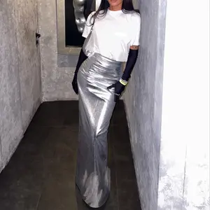 New Fashion Designs High Waist Slit Maxi Skirts Ladies Long PU Leather Silver Skirts