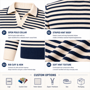 Polo en lin et coton rayé à col marin pour <span class=keywords><strong>homme</strong></span> avec logo personnalisé, manches longues - Product Image 3