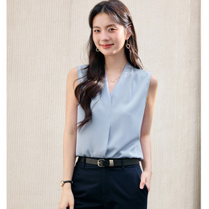 Blue V-neck Sleeveless Chiffon Top Solid Color <b>Wrap</b> And Tie Office Women's Blouse Polyester Fiber Shirt Set - Product Image 1