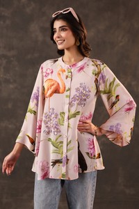 Buy Luxury Nature Inspired Bird Floral <b>Shirt</b> Mandarin Neck Boutique Casual Designer Blouse Collection For Women - Product Image 5