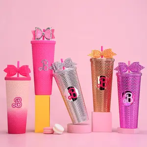 Botol air gelas sedotan plastik portabel, botol air sedotan plastik portabel kapasitas besar merah muda lapis ganda modis