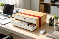Organizador de Escritorio de Bambú, Gabinete de Almacenamiento con Detalles Acrílicos, Caja de Almacenamiento para Suministros de Oficina, Joyería, Cosméticos, Hogar