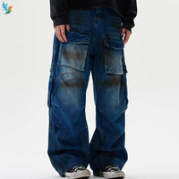Pantalones vaqueros de trabajo holgados vintage azules de talla grande para hombre, con lavado descolorido, múltiples bolsillos y pierna ancha, tipo cargo.