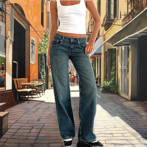 Pantalones de mezclilla decorados con botones de cintura alta de estilo Vintage transpirables de moda diseño de pierna ancha recto suelto elegante lindo - Product Image 2