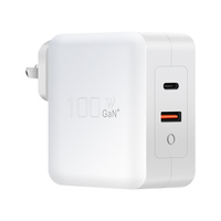 Chargeur rapide GAN 100W PD QC3.0 PPS certifié SAA RCM australien, double port USB-C et USB-A, à fixation murale, pour téléphone et ordinateur portable (MOQ 1)