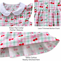 Dress anak perempuan pink motif kotak ceri katun musim panas kerah Peter Pan lengan ruffle grosir OEM ODM