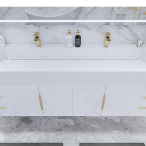 Mueble de Baño Moderno de Lujo Blanco y Dorado, Espejo LED Redondo Montado en la Pared, <span class=keywords><strong>Tocador</strong></span> con Encimera de Mármol y Lavabos Dobles de Cerámica - Product Image 2