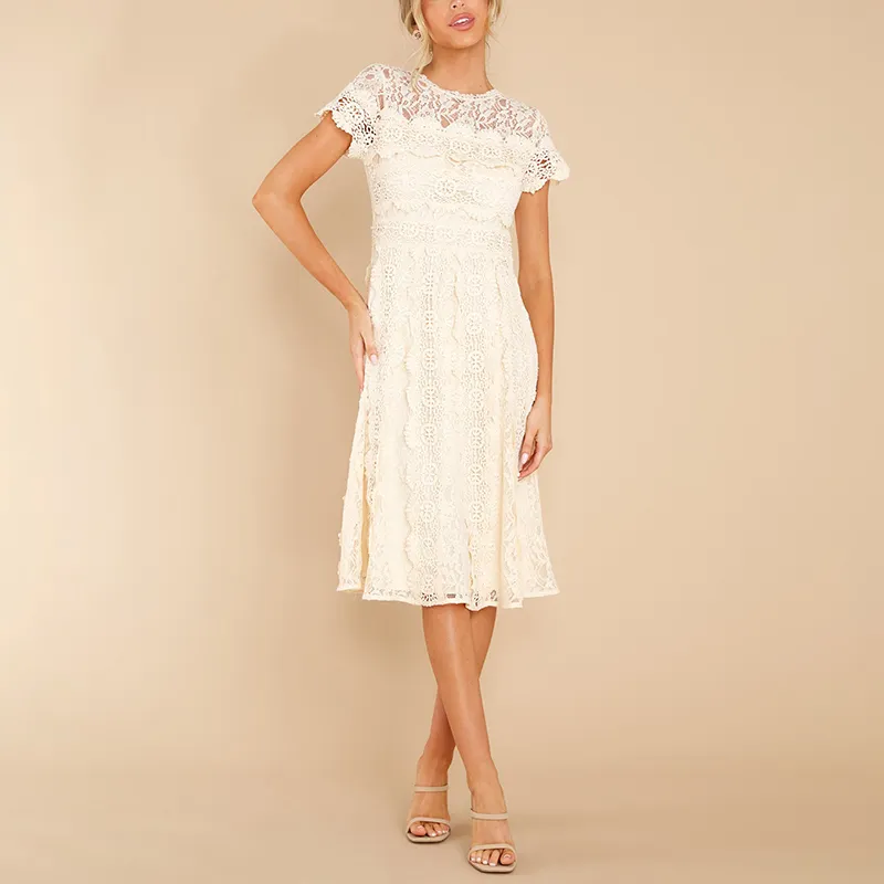 Custom Ivory Lace Midi Dress Sheer Lace Shoulder Invisible Zipper Short Sleeve Ladies Dinner A-Line Dresses