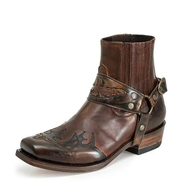 Men's Cowboy Western Boot Traditional Leather Square round Toe Ankle Boots