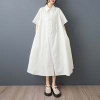 Nouvelle Robe Chemise Patchwork Perlée Été 2026 Chic Français Ample Grande Taille en Mélange de Coton Maxi Blanche et Noire pour Femme – Vente en Gros