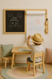 Tableau d'activités mural en bois Montessori, tableau noir artistique, station de dessin avec rouleau de papier pour enfants - Product Image 2