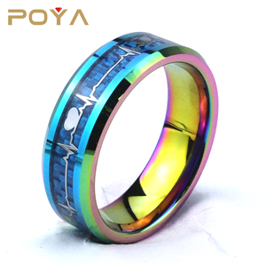 Poya แหวนทังสเตนสีรุ้ง8มม. ขอบหยักด้วยหัวใจเต้นหัวใจ - Product Image 2